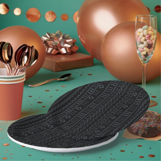 Prato De Papel Black And Gray Designer Mudcloth Paper Plate (Múltiplo)