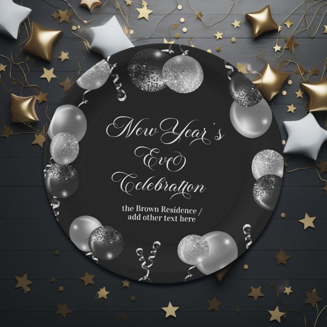 Prato De Papel Black and Silver Glitter New Year's Eve Party  (Criador carregado)