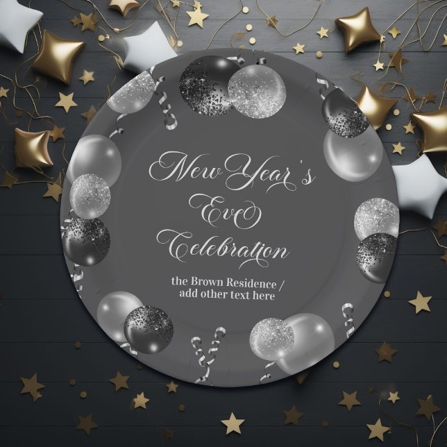 Prato De Papel Black and Silver Glitter New Year's Eve Party  (Criador carregado)