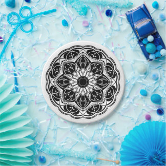 Prato De Papel Black and white floral mandala round