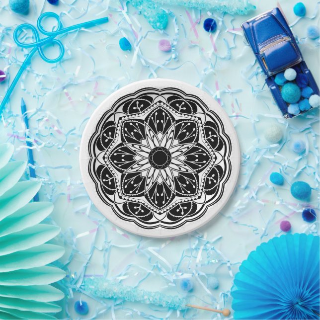 Prato De Papel Black and white floral mandala round (Festa)