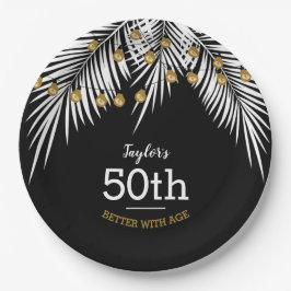 Prato De Papel Black and White Palms 50th Birthday Party