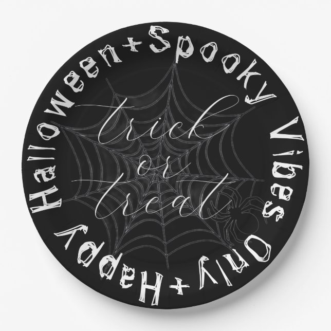 Prato De Papel Black and White Spider Web Modern Happy Halloween (Frente)