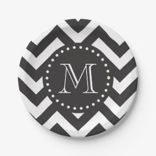 Prato De Papel Black and White Zigzag Chevron Monogram