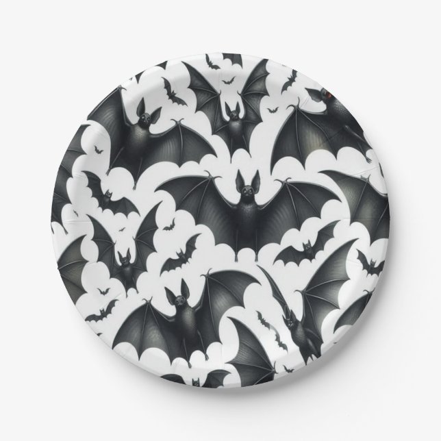 Prato De Papel Black Bats on White, Halloween, Spooky (Frente)
