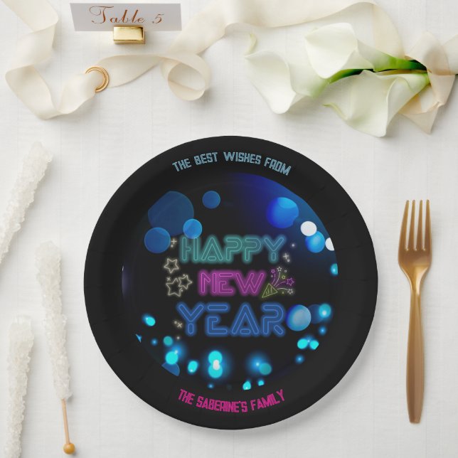 Prato De Papel Black & Blue Midnight Sparkle Neon Glow New Year  (Casamento)