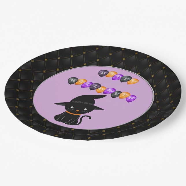 Prato De Papel Black Boarder Black Cat Happy Halloween Balloons (Inclinado)