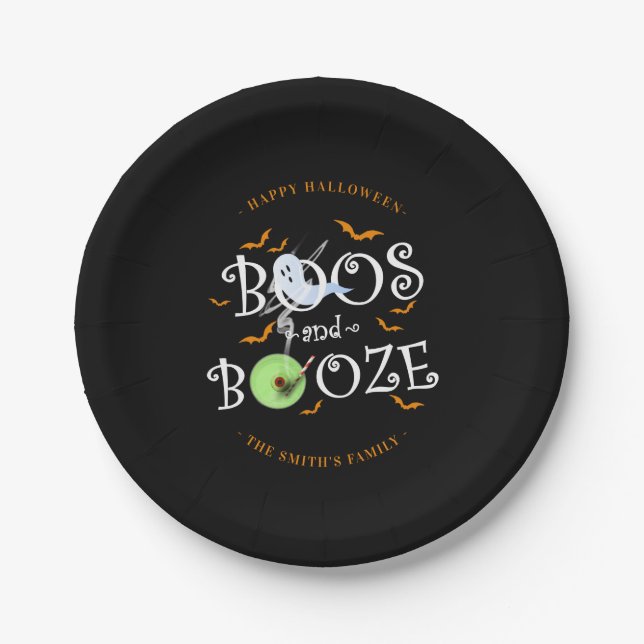 Prato De Papel Black Boos e Booze Festa de Halloween (Frente)