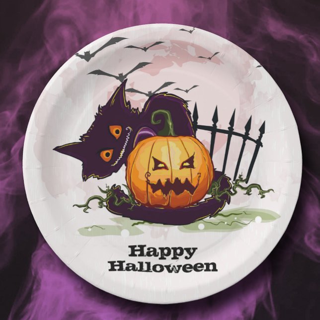 Prato De Papel Black Cat e Jack o' Lanterna Halloween (Black Cat and Jack o' Lantern Happy Halloween Paper Plates)