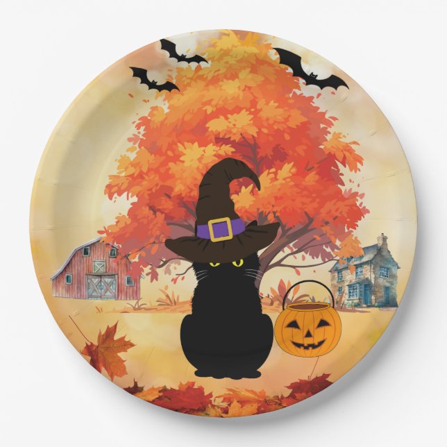 Prato De Papel Black Cat Halloween Paper Plates (Frente)