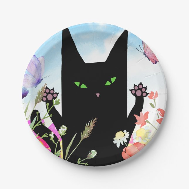Prato De Papel Black Cat Spring Fever:  Kitty and Flowers (Frente)