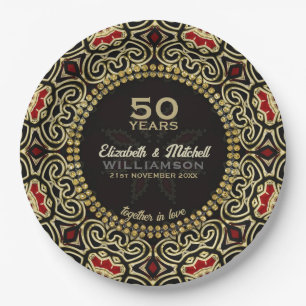 Prato De Papel Black+Dourado Decor Modern Damask 50º Aniversário