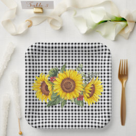 Prato De Papel Black Gingham Sunflower Party Favor Classic