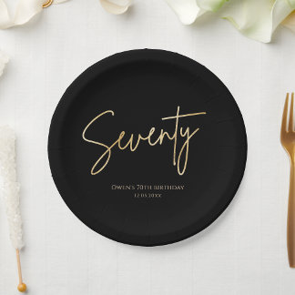 Prato De Papel Black & Gold 70th Birthday Party Paper Plates
