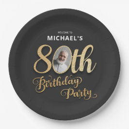 Prato De Papel Black Gold Foil Custom Photo 80th Birthday 