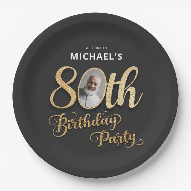 Prato De Papel Black Gold Foil Custom Photo 80th Birthday  (Frente)