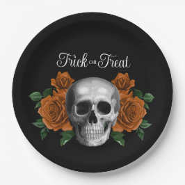 Prato De Papel Black Gothic Floral Skull Trick Or Treat Halloween