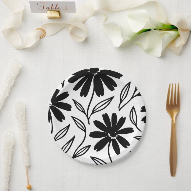 Prato De Papel Black Ink Daisies Boho Chá de Noiva (Casamento)