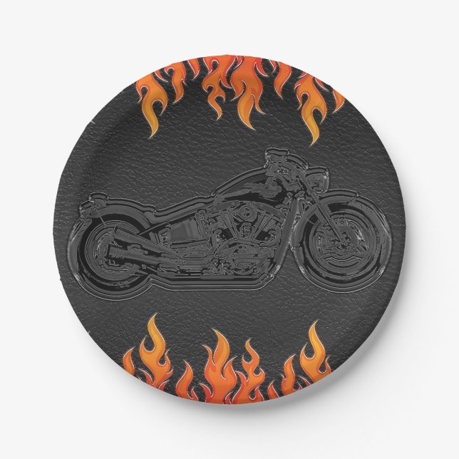 Prato De Papel Black Leather Orange Flames Motorcycle Bikers Part (Frente)