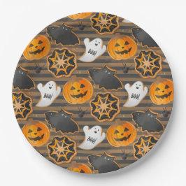 PRATO DE PAPEL BLACK ORANGE HALLOWEEN PUMPKINS GHOSTS BATS