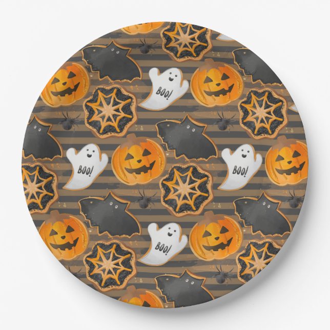 PRATO DE PAPEL BLACK ORANGE HALLOWEEN PUMPKINS GHOSTS BATS (Frente)
