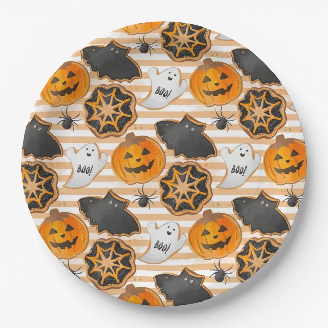 PRATO DE PAPEL BLACK ORANGE HALLOWEEN PUMPKINS GHOSTS BATS (Frente)