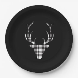 Prato De Papel Black Plaid Check Deer Christmas Paper Plates