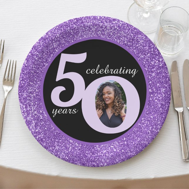 Prato De Papel Black Purple Glitter 50 50 anos 50.o aniversário (Black Purple Glitter 50 Fifty Years 50th Birthday Paper Plates)