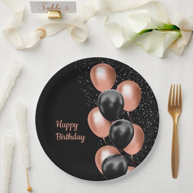 Prato De Papel Black Rose Gold Balloon Chic  (Casamento)