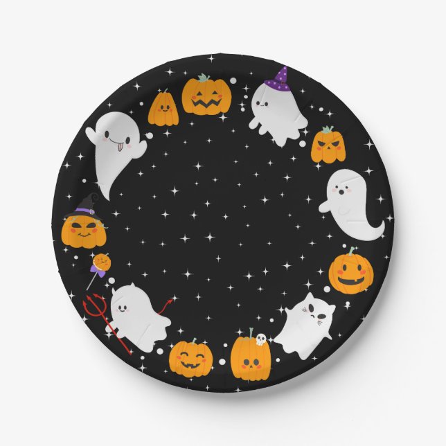 Prato De Papel Black Starry Night com os Fantasmas Halloween (Frente)