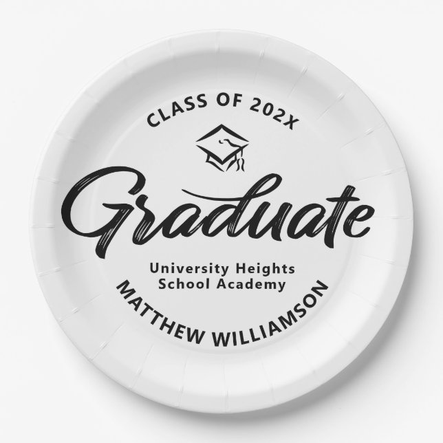 Prato De Papel Black White Graduation Bold Retro Script Cap Icon (Frente)