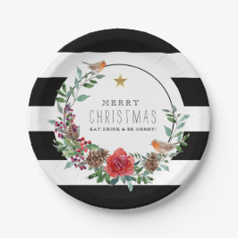 Prato De Papel Black & White Strips Natal Robin Wreath