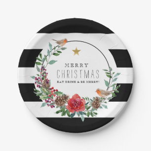 Prato De Papel Black & White Strips Natal Robin Wreath