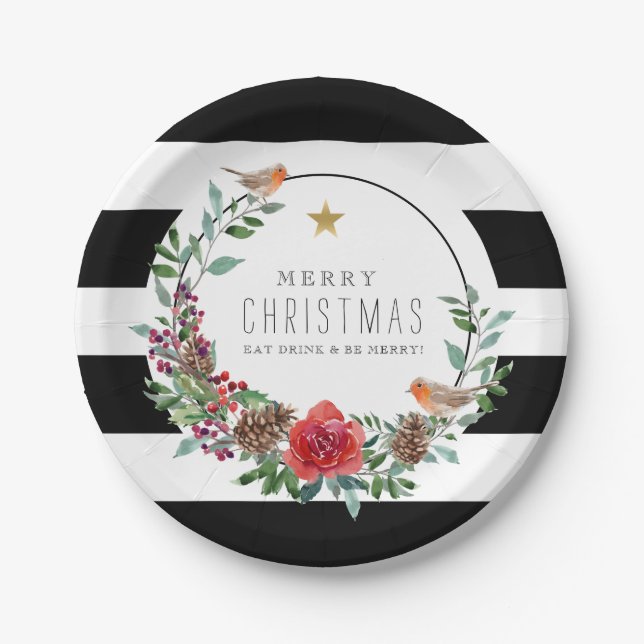 Prato De Papel Black & White Strips Natal Robin Wreath (Frente)