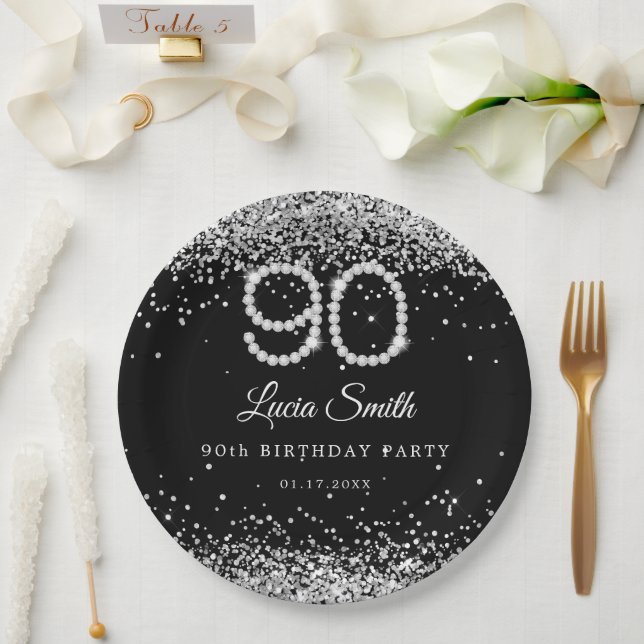 Prato De Papel Bling Diamonds 90th Birthday Party Paper Plate (Casamento)