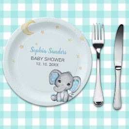 Prato De Papel Blue and Gray Elephant Baby Shower boy