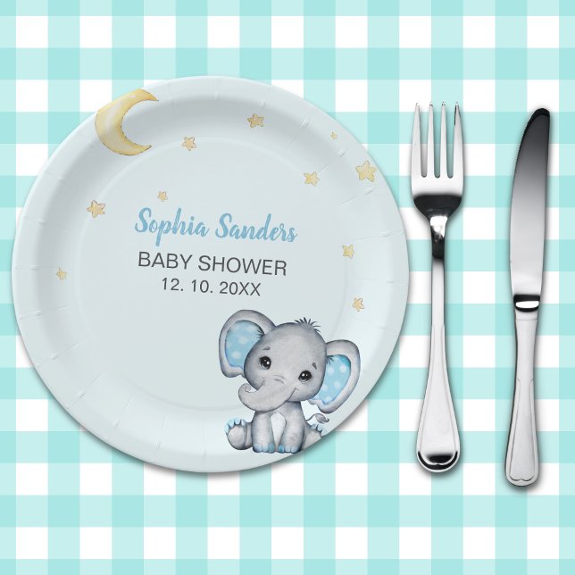Prato De Papel Blue and Gray Elephant Baby Shower boy (Criador carregado)