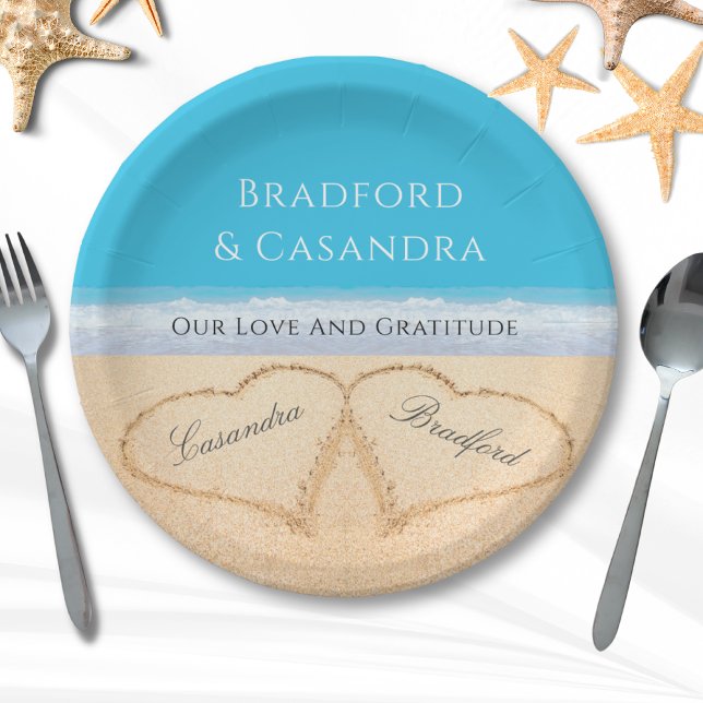 Prato De Papel Blue Beach Wedding 2 Hearts in the Sand Paper P (Criador carregado)