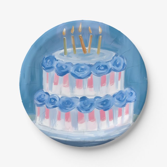 Prato De Papel Blue Birthday Cake Watercolor Celebration Party (Frente)