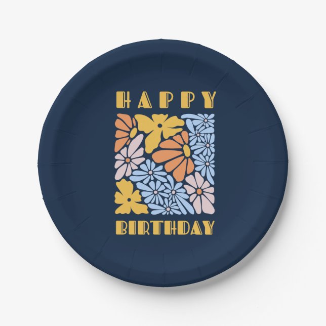 Prato De Papel Blue Boho Floral Happy Birday (Frente)