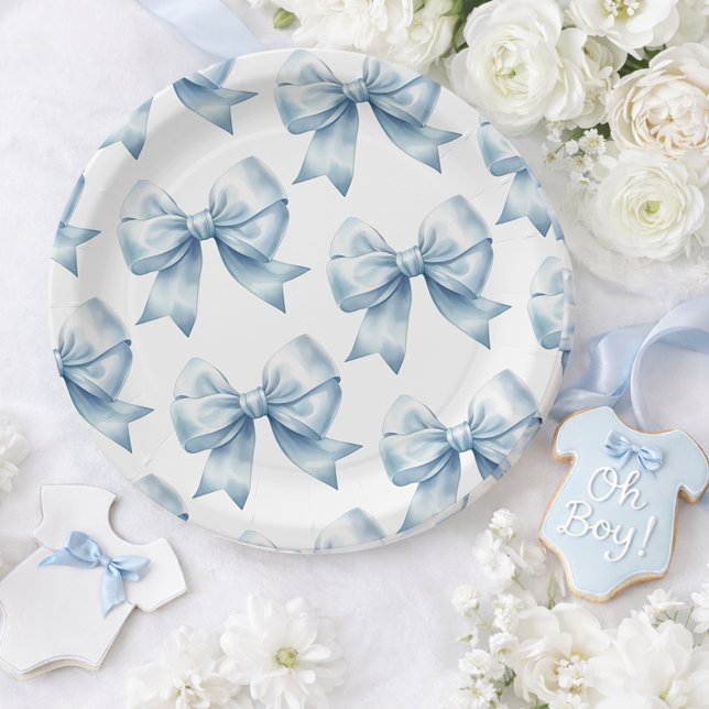 Prato De Papel Blue Bow Baby Boy Elegant Baby Shower (Blue Bow Baby Boy Elegant Baby Shower Paper Plates)