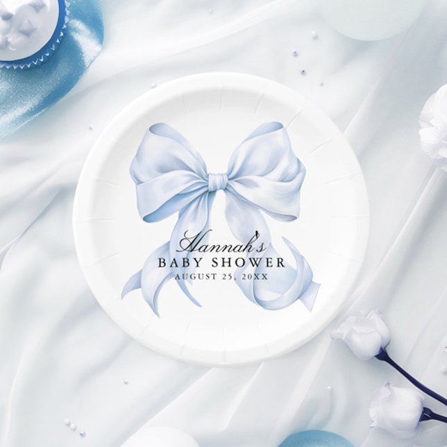 Prato De Papel Blue Bow Baby Shower Coquette Bow Paper Plates (Criador carregado)