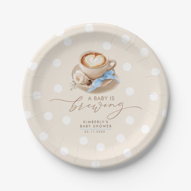 Prato De Papel Blue Bow Coffee Baby Is Brewing Boy Baby Shower (Frente)