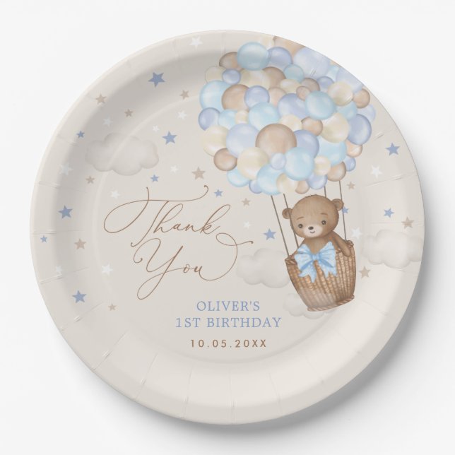 Prato De Papel Blue Brown Teddy Bear Hot Air Balloon Birday Boy (Frente)