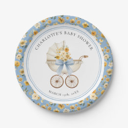 Prato De Papel Blue Carriage Floral Baby Shower Plate
