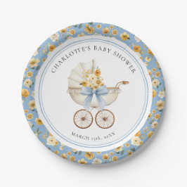 Prato De Papel Blue Carriage Floral Baby Shower Plate