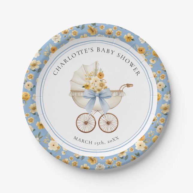 Prato De Papel Blue Carriage Floral Baby Shower Plate (Frente)