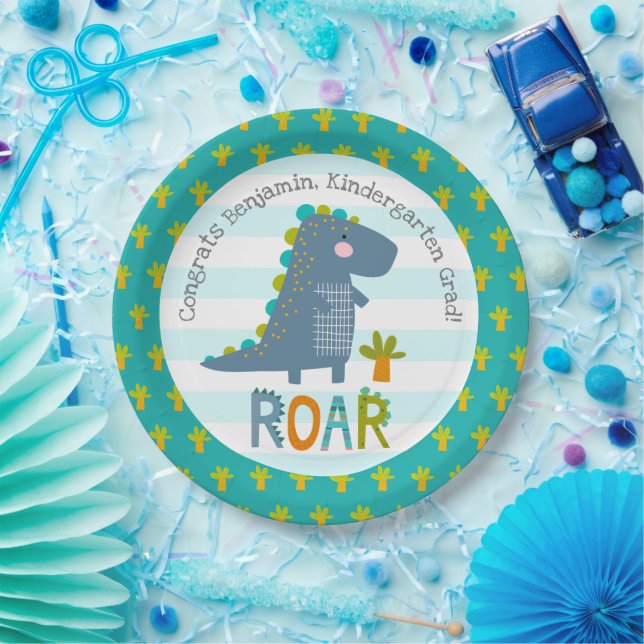Prato De Papel Blue Dinosaur Boy Kindergarten Graduation Playful (Festa)