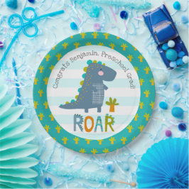 Prato De Papel Blue Dinosaur Boy Preschool Graduation Whimsical