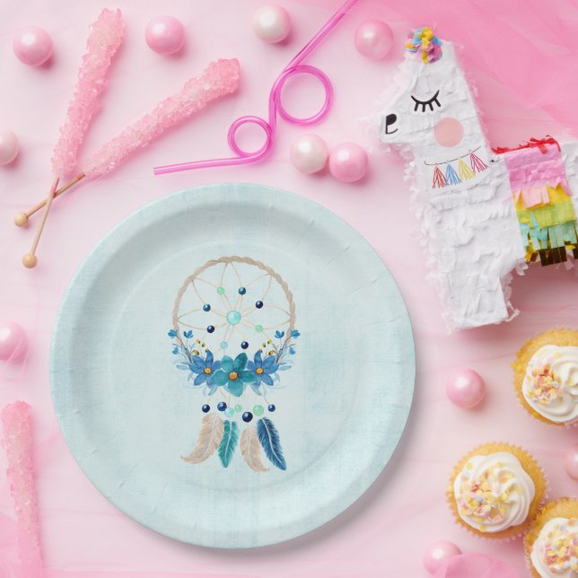 Prato De Papel Blue Dreamcatcher Na moda Boho Design (Festa)